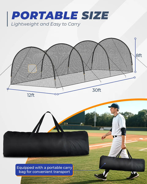 Diagram showing Portable Baseball Batting Cage With Carrying Bag 30X12X8 Ft Backyard Hitting Cage and product bag