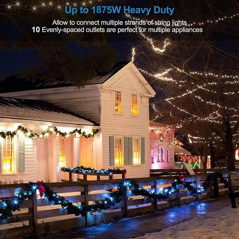 Beefy 50ft 12 Gauge Outdoor Extension Cord With Eleven Outlets And End Connector IP44 powering holiday lights on house