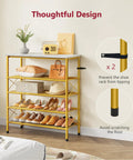 Real Deal Five Tier Shoe Rack Organizer For Up To Twenty Pairs Of Shoes Featuring Slick White And Gold Metal Mesh Shelves With Spacious Top Deck, holding shoes and decor.