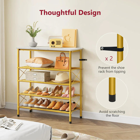 Real Deal Five Tier Shoe Rack Organizer For Up To Twenty Pairs Of Shoes Featuring Slick White And Gold Metal Mesh Shelves With Spacious Top Deck, holding shoes and decor.
