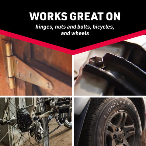 Heavy-Duty Drip Oil With Marksman Twist Spout For Tough Jobs used on hinges, nuts, bolts, bicycles, wheels, showcasing applications