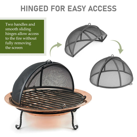 Hinged Fire Pit Spark Screen With Easy Access Lift Handle, No-Fuss Design Keeps Sparks And Embers In, Quick Open For Adding Wood, Durable Steel Mesh Shield For Patio Or Campfire, shown open over a fire pit.