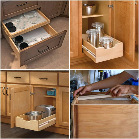 Rock Solid Beech Wood Drawer Slides Center Mount Cabinet Hardware Includes Six Piece Set with drawer organization in use.