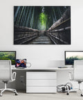 Modern home office setup with two desks and chairs, featuring tech gadgets and a large bamboo forest artwork on the wall.