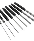 Tough As Nails 18 Piece Roll Pin Punch Set with eight steel punches, 8 inch long, 1/16 to 3/8 inch, for mechanics.