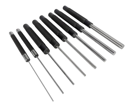 Tough As Nails 18 Piece Roll Pin Punch Set with eight steel punches, 8 inch long, 1/16 to 3/8 inch, for mechanics.