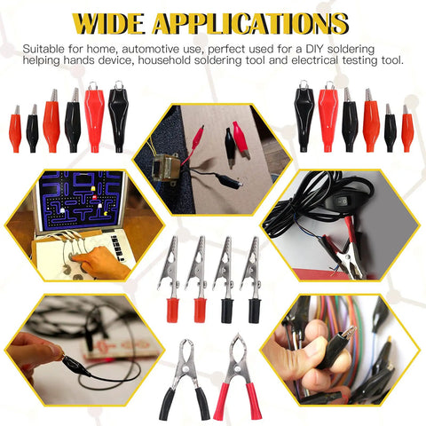 108 Piece 10 Type Metal Alligator Clip Clamp Kit With Red And Black Crocodile Clips shown in various applications and sizes