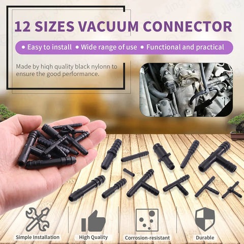 Swpeet 113-piece barbed vacuum connector kit with tee/reducer/straight fittings in black nylon, shown on wooden surface.