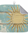 Yellow Sun Painting Dish Drying Mat For Your Kitchen Counter Blue Wood Grain Design Absorbent Microfiber Surface 16 by 18 inches