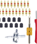 All In One Tire Valve Repair Kit With 2 Stem Removal Tools, 20 Valve Cores, 10 Caps, 1 Four Way Tool, 33 Piece Set