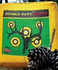 Beast Mode Archery Target Bag For 450 FPS Practice Cube with deer vitals design on yellow fabric in outdoor setting