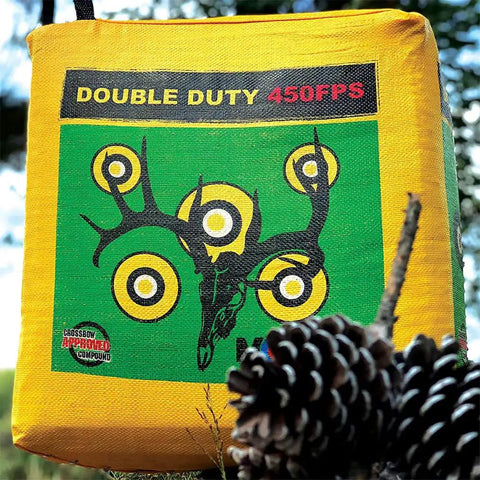Beast Mode Archery Target Bag For 450 FPS Practice Cube with deer vitals design on yellow fabric in outdoor setting
