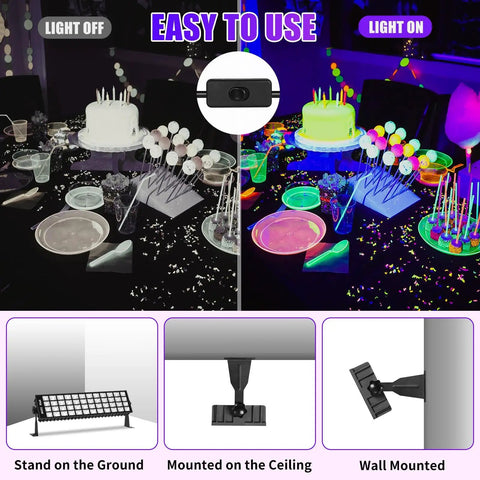100W LED Black Light Bar For Neon Glow Parties And Fluorescent Art showing light off vs on with mounting instructions