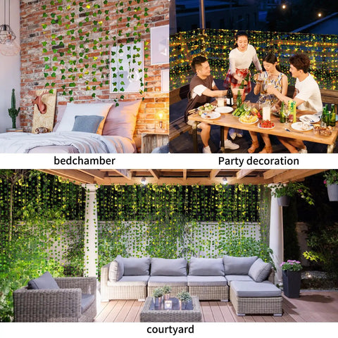 Fake Ivy Vines With 80 LED String Lights 12 Pack 84 Feet Total Length For Indoor Outdoor Decor displayed in various home settings.
