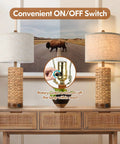 Set Of 2 Rattan Table Lamps For Living Room With USB Ports, 27 Inch Tall Rustic Seagrass Bedside Lamps For End Tables, Coastal Farmhouse Style, E26 Socket With Rotary Switch, Bulbs Not Included, displayed on a wooden console.