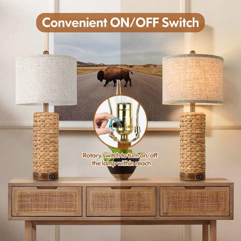 Set Of 2 Rattan Table Lamps For Living Room With USB Ports, 27 Inch Tall Rustic Seagrass Bedside Lamps For End Tables, Coastal Farmhouse Style, E26 Socket With Rotary Switch, Bulbs Not Included, displayed on a wooden console.