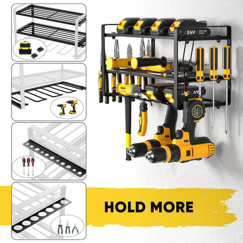 Heavy Duty Power Tool Organizer And Drill Holder Wall Mount For Garage And Workshop 3 Tier Cordless Drill Storage Rack Easy Install Tool Storage System With Side Slots And Hooks