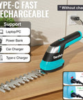 Cordless Hedge Trimmer And Grass Shear Combo on a table with Type-C charging, showing charging indicators and USB-C ports.