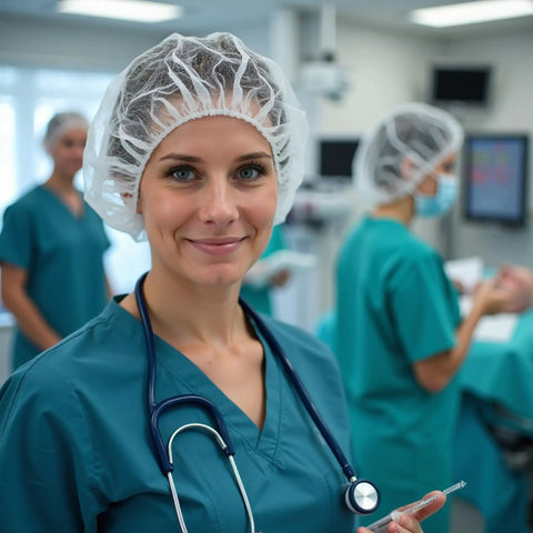 Medical professional wearing Breathable Disposable Bouffant Cap With Elastic Edge For A Secure Fit Latex Free All Day Comfort