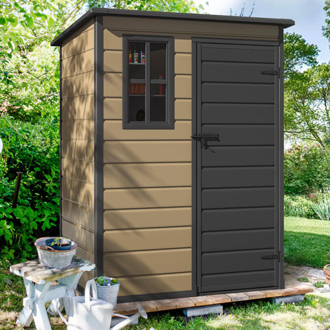 5x3ft Resin Outdoor Storage Shed With Floor Lockable Door And Window Built Tough For All Weather Waterproof Tool Storage