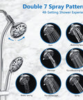 High Pressure 48 Setting Dual Shower Head With Handheld And Sliding Bar Chrome Finish No Drill Installation 3 Way Diverter