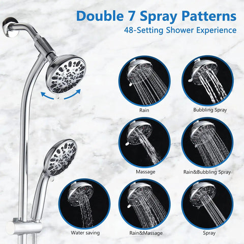 High Pressure 48 Setting Dual Shower Head With Handheld And Sliding Bar Chrome Finish No Drill Installation 3 Way Diverter