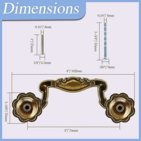Dimensions of Antique Bronze Cabinet Pulls Set Of 10 With 3 Inch Hole Centers showing handle size in inches, screws included