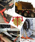 Heavy Duty Three Eighths To One Half Inch Ratchet Binder With G80 Chain securing loads on truck trailers in various scenarios.