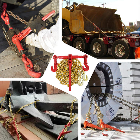 Heavy Duty Three Eighths To One Half Inch Ratchet Binder With G80 Chain securing loads on truck trailers in various scenarios.