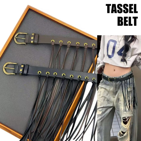 Vintage Industrial Waist Belt Featuring Heavy Copper Hardware And Flowing Tassels With Easy Adjustable Strap In Warm Coffee Brown For Daily Wear That Gives Serious Drip, displayed with tassels and buckle details.