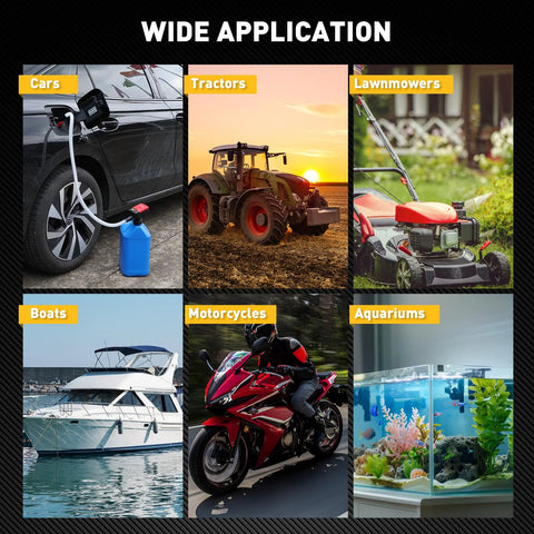 Battery Powered Fuel Transfer Pump No Spill Portable Gas Can Siphon Pump With Auto Stop Safety 3.2 GPM shown with various vehicles and aquarium