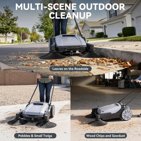 43 Inch Walk Behind Floor Sweeper With 15 Gallon Hopper Heavy Duty Industrial Cleaner For Warehouses. Clears Debris Fast With Side Brushes And Big Capacity Dustpan Save Time On Large Commercial Floors Today
