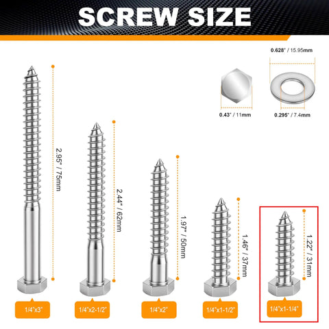 Weekend Warrior Approved 304 Stainless Steel Hex Head Lag Bolts For Wood 1/4 By 1-1/4 Inches screw size chart with hex heads