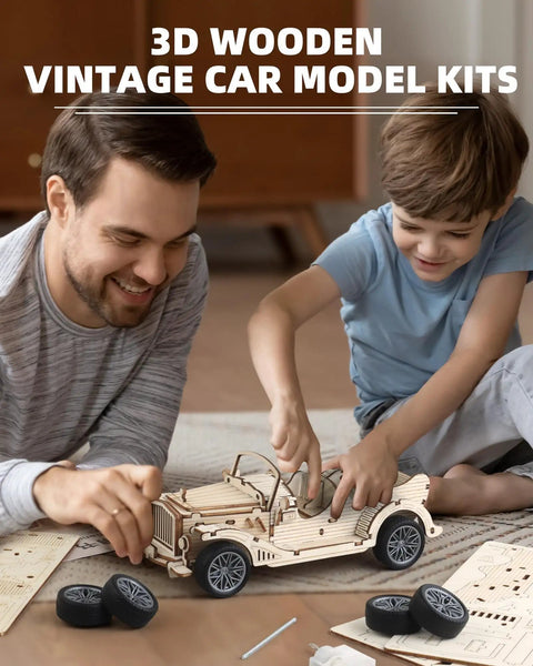 3D Wooden Puzzle Car Model Kit for Adults, Vintage Pull Back Car Build Set With 65 Parts, Easy 1 to 2 Hour Assembly, Classic Retro Auto Design for Hobbyists and Collectors; father and child assembling wooden car