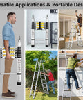 Telescoping A Frame Ladder 16.5 Feet Aluminum With Stabilizer Bar For Ultra Stable Reach Anti Slip Steps And Textured Rungs For Safety Wobble Free With Smart Locking Pins Silver Finish, shown folded and in use
