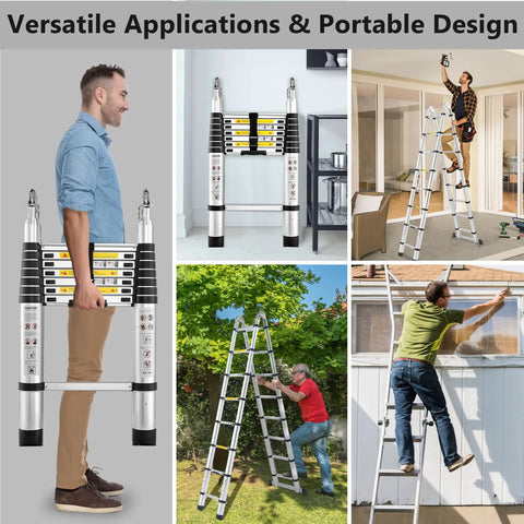 Telescoping A Frame Ladder 16.5 Feet Aluminum With Stabilizer Bar For Ultra Stable Reach Anti Slip Steps And Textured Rungs For Safety Wobble Free With Smart Locking Pins Silver Finish, shown folded and in use