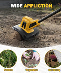 Cordless Garden Tiller Cultivator Compatible With 20V Battery Tool Only in use on garden soil, showing versatility for plants.