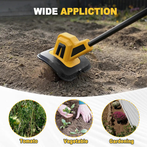 Cordless Garden Tiller Cultivator Compatible With 20V Battery Tool Only in use on garden soil, showing versatility for plants.