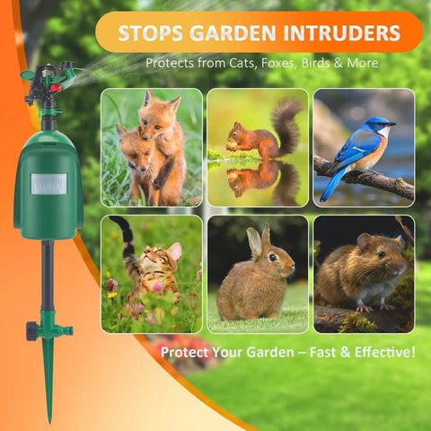 Motion Activated Yard Sprinkler System With Adjustable Head Deterrent For Deer Cats Raccoons And Dogs Skunk Deterrent Scares Off Intruders Outdoor Lawn Water Sprinkler Hose Not Included, green metal stake
