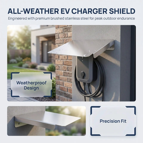 Pro Grade Badass Stainless Steel EV Charger Rain Guard Weatherproof Wall Housing Hella Durable Case with a roof covering charger.