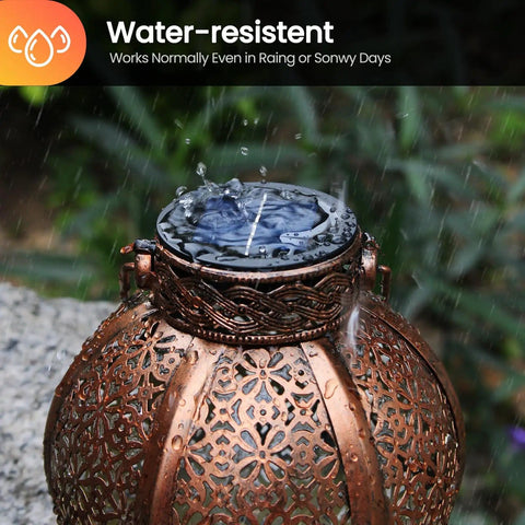 Four Pack Solar Light Replacement Top For Outdoor Lanterns, Waterproof And All Weather, shown in rain on bronze lantern.