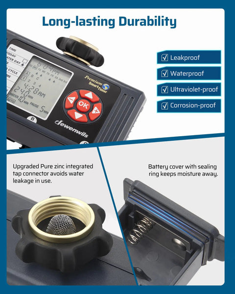 Close-up of Three Zone Sprinkler Timer With Four Programmable Programs For Hose Faucet Watering showing durable design features