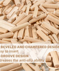 Professional Grade Top Tier 200 Pack Natural Birch Wood Dowel Pins With Deep Fluted Grooves For Killer Non Slip Grip And Badass Stability On Cabinet Woodworking Projects, show multiple pins with grooves.