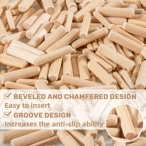 Professional Grade Top Tier 200 Pack Natural Birch Wood Dowel Pins With Deep Fluted Grooves For Killer Non Slip Grip And Badass Stability On Cabinet Woodworking Projects, show multiple pins with grooves.