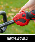 Close-up of handle with speed control on Cordless 40V String Trimmer And 460 CFM Leaf Blower Combo Kit, highlighting Two Speed Select feature.