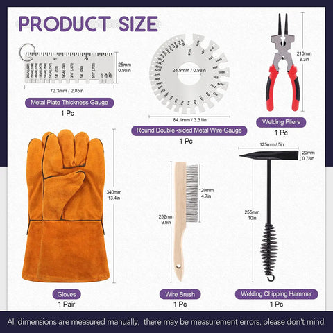 7 Piece 10 Inch Welding Tool Set With Scratch Wire Brush Slag Remover Hammer And Pliers Metal Sheet Thickness Gauge shown