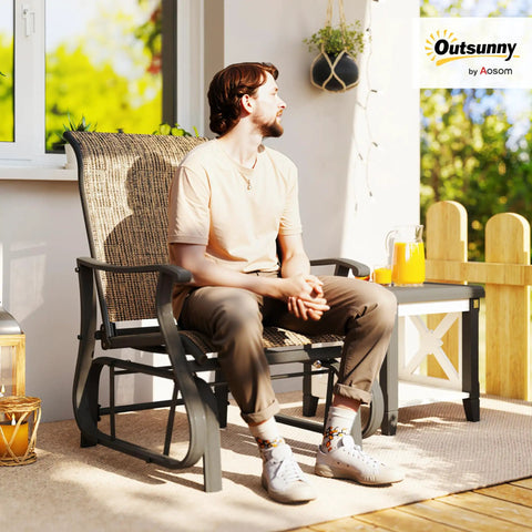Man sitting on Outdoor Glider Chair For Patio With Steel Frame And Mesh Fabric Smooth Swing For Backyard Garden Or Porch