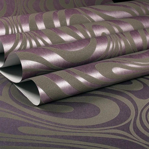 3D Flocking Wall Wallpaper Roll With Abstract Curve Pattern In Striped Purple, Non Woven, 0.7m x 8.4m, Rich Texture Detail