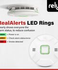 10 Year Sealed Battery Smoke Alarm With RealAlerts Voice Guidance And Led Status Ring For Clear Fire Protection And Low False Alarms In Every Room At A Glance For Whole Home Peace Of Mind, featuring LED rings in green, amber, and red.