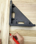 Heavy Duty Table Saw Crosscut Sled With Bevel Sliding Plate Delivers Dead Nuts Accurate 45 Degree Angles For Crisp Woodworking Cuts And Rock Solid Stability shown with a black square for marking cuts.